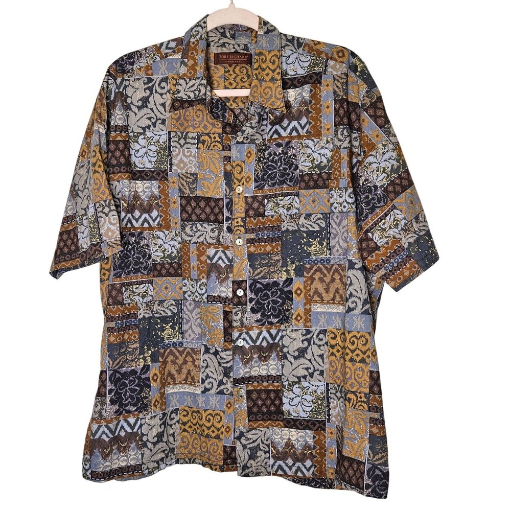 Tori Richard Honolulu‎ Patchwork Button-Front Shirt L Cotton Brown Blue Tropical